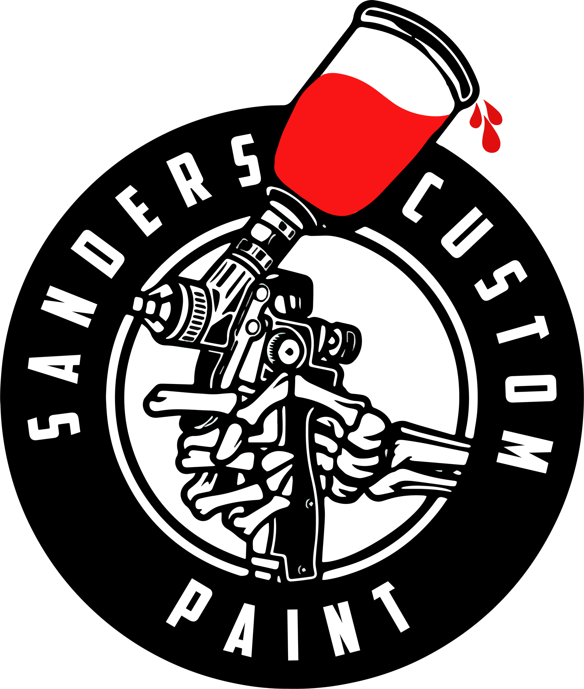 Sanders Custom Paint logo with airbrush spraying red paint over a black circular emblem