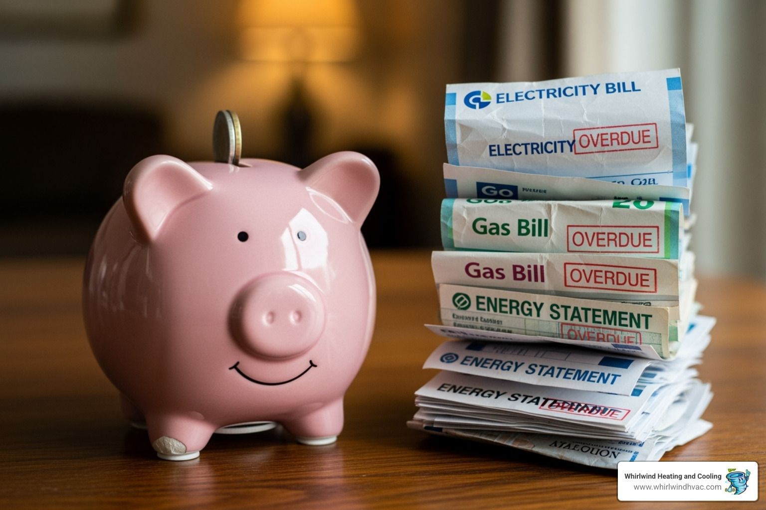 piggy bank next to an energy bill - hvac maintenance plan