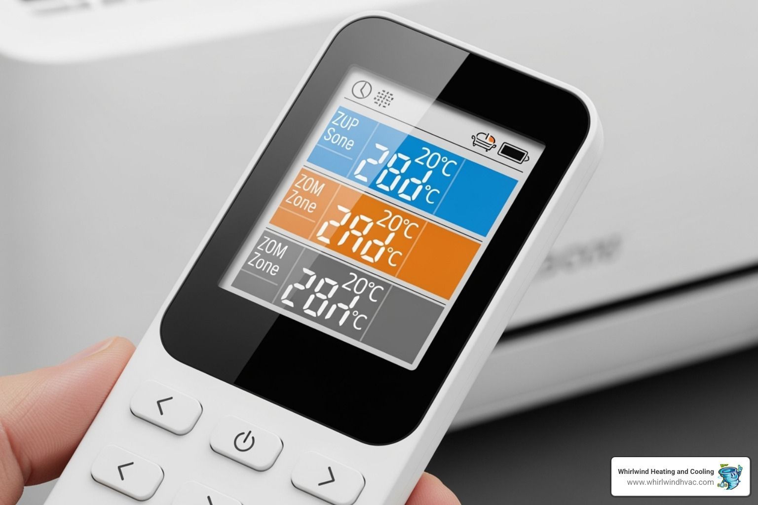 A remote control showing different zones and temperatures on its display - ductless air conditioning A remote control showing different zones and temperatures on its display - ductless air conditioning