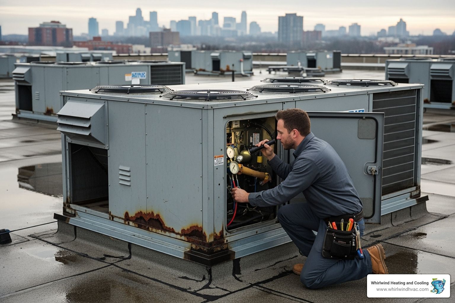 technician inspecting an older commercial HVAC unit - commercial hvac replacement
