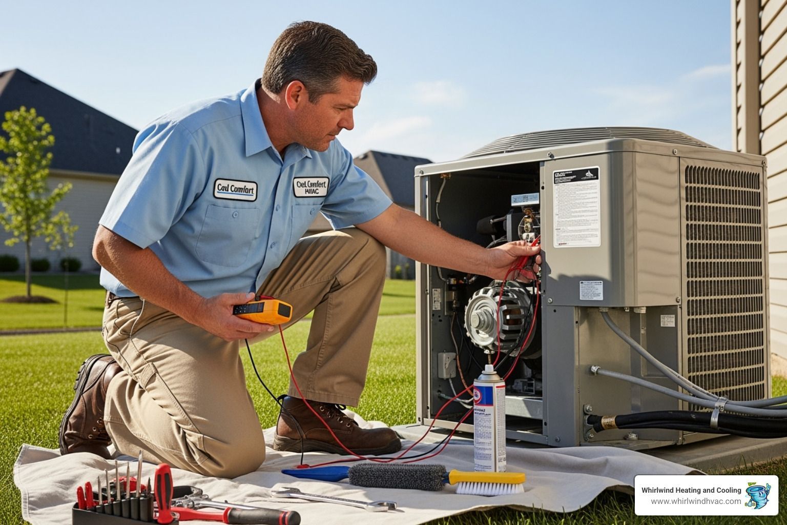 technician inspecting an outdoor AC unit - hvac maintenance plan