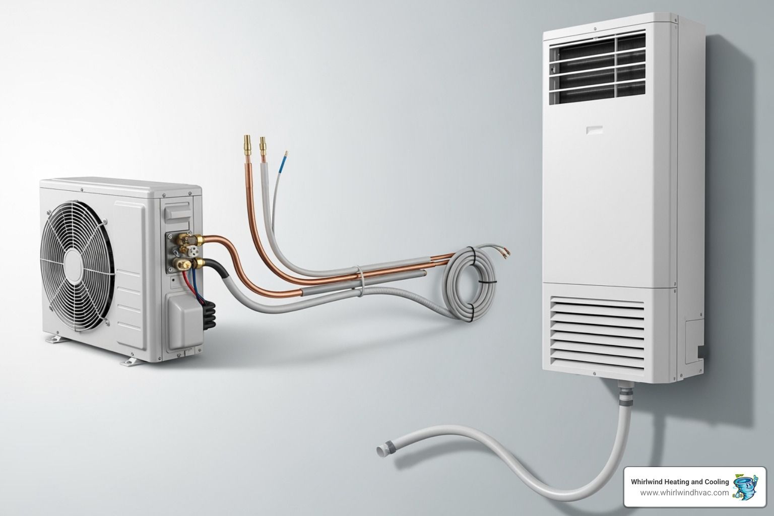 Main components of a ductless system laid out and labeled: outdoor unit, indoor unit, refrigerant lines, electrical wiring, condensate drain - ductless air conditioning Main components of a ductless system laid out and labeled: outdoor unit, indoor unit, refrigerant lines, electrical wiring, condensate drain - ductless air conditioning