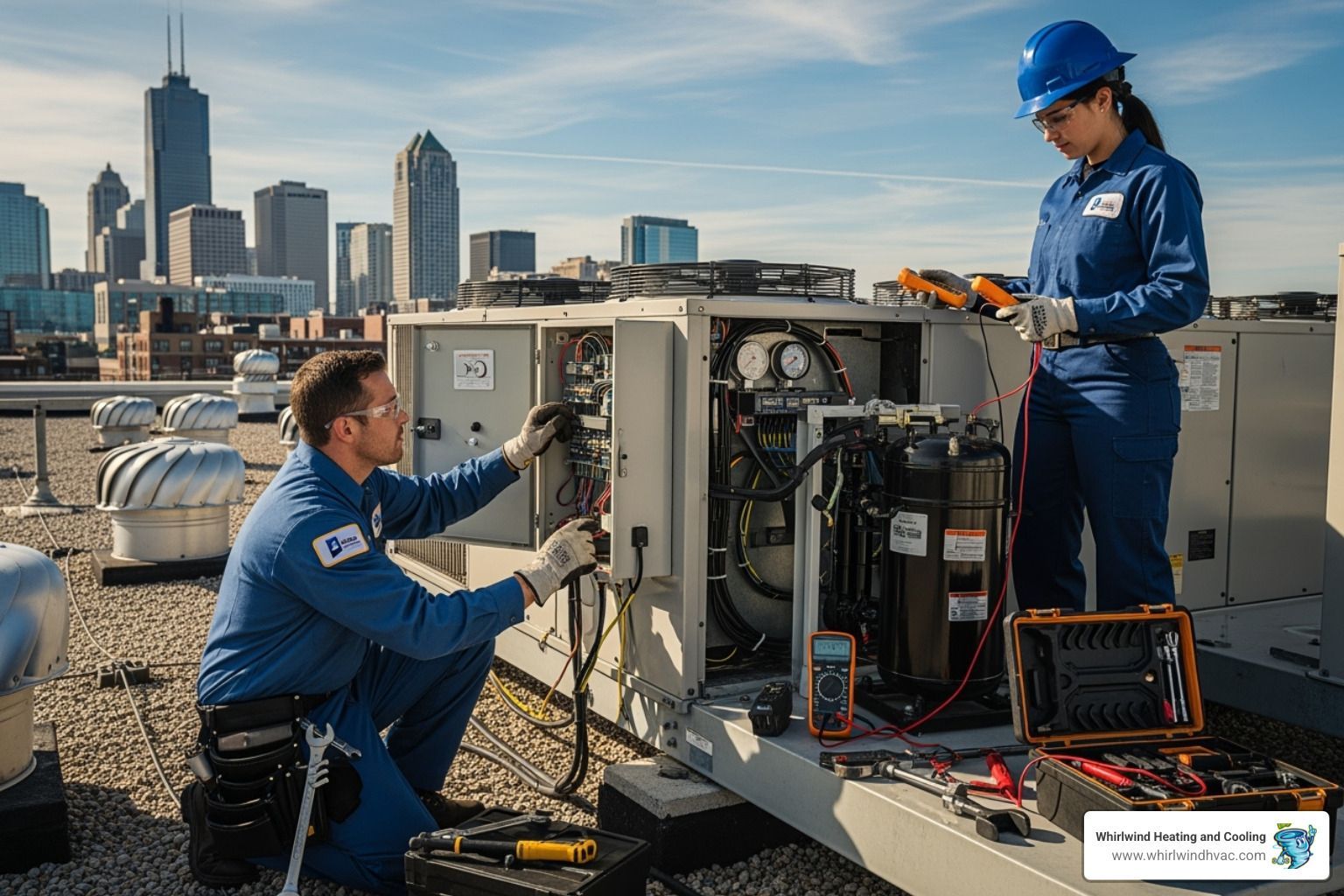 Certified HVAC technicians working on a commercial rooftop unit - commercial ac installation Certified HVAC technicians working on a commercial rooftop unit - commercial ac installation