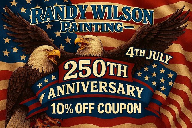 Randy Wilson Painting 4th of July banner, 250th anniversary, 10% off coupon, eagle and waving US flag Artwork