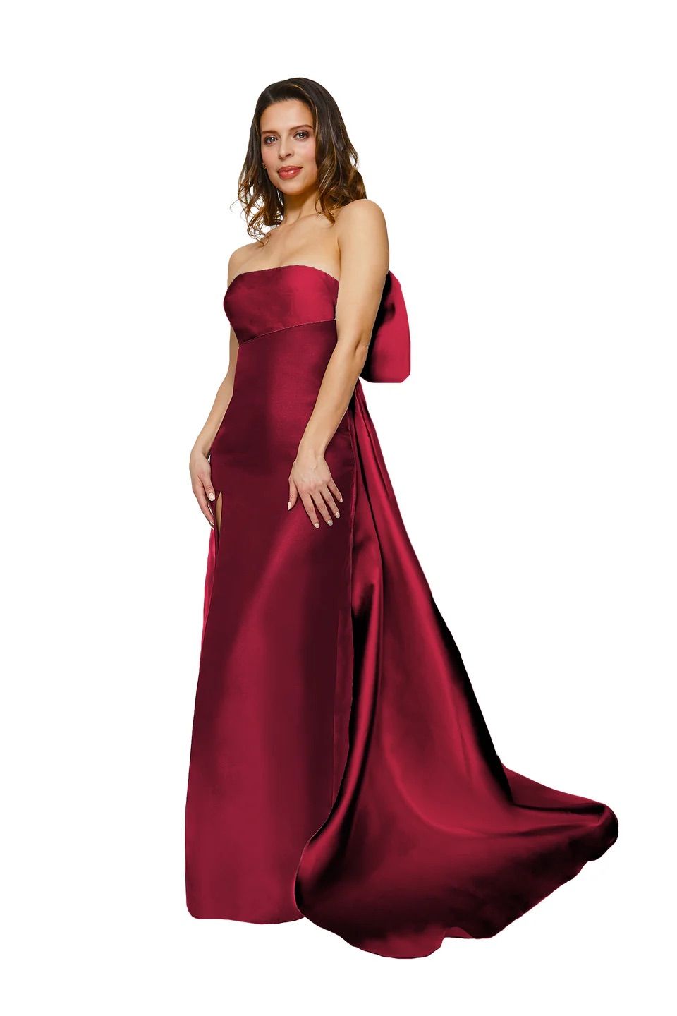 A woman is wearing a red strapless dress.