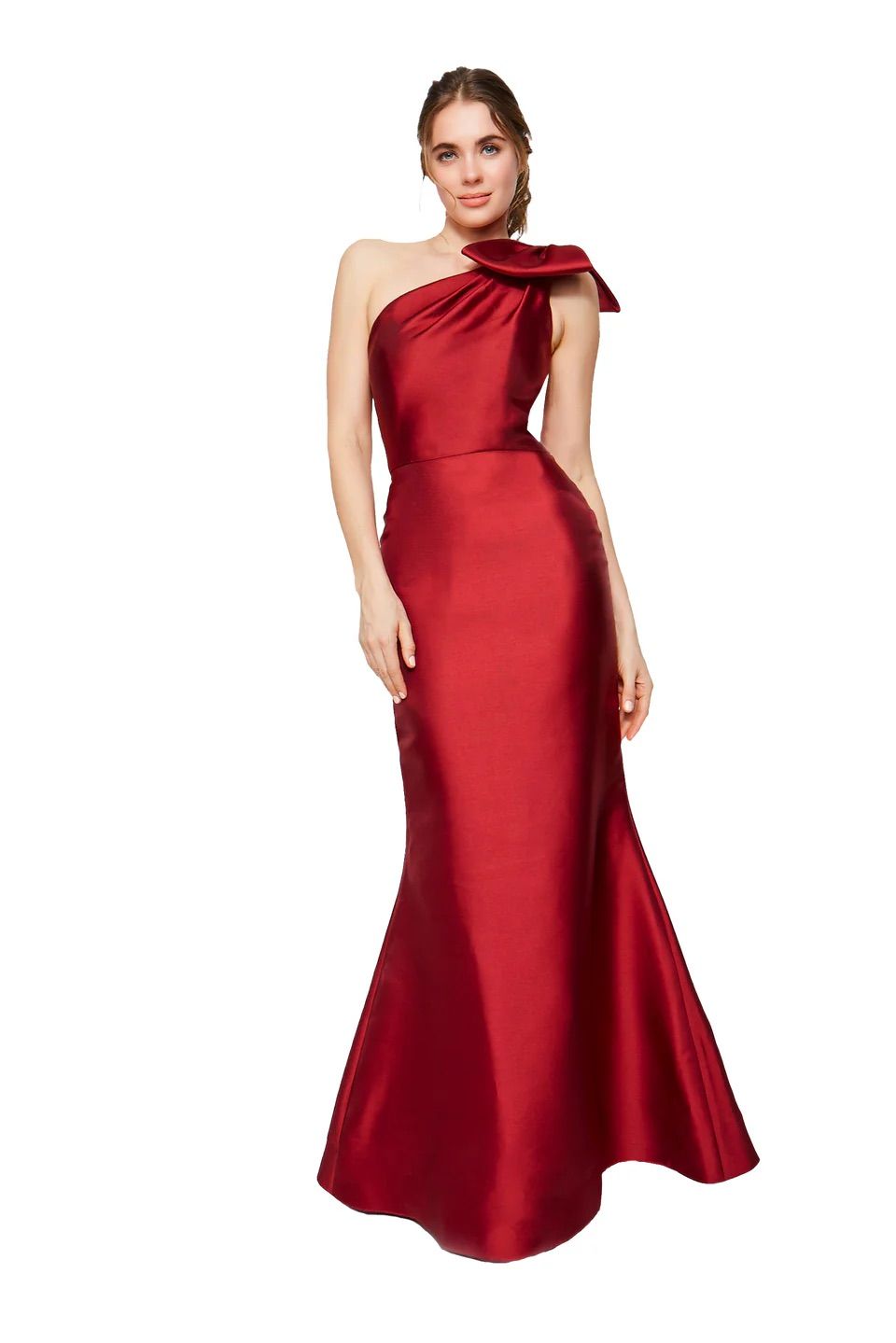 A woman is wearing a red one shoulder dress.