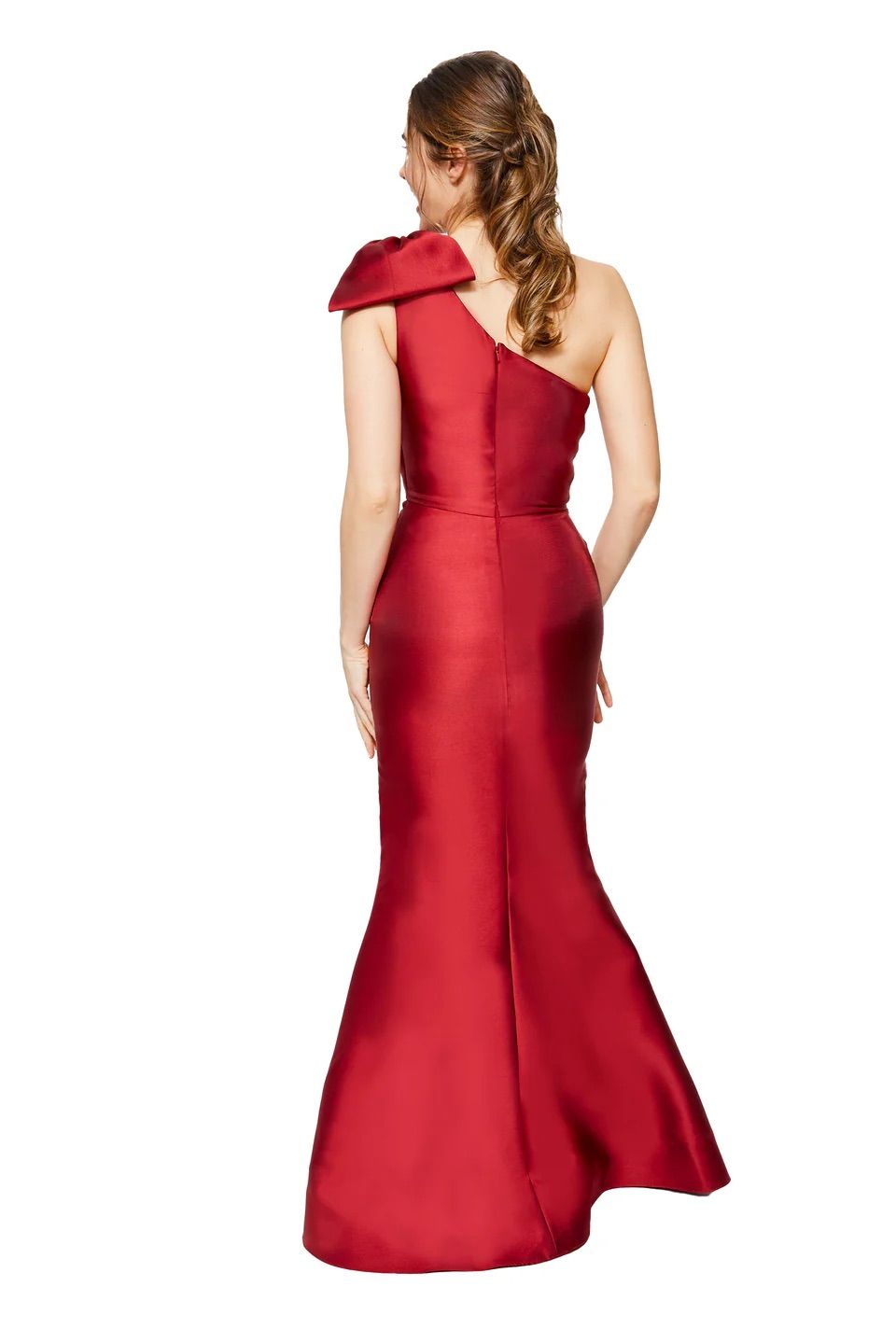 A woman is shown from the back, wearing a red, one-shoulder dress.