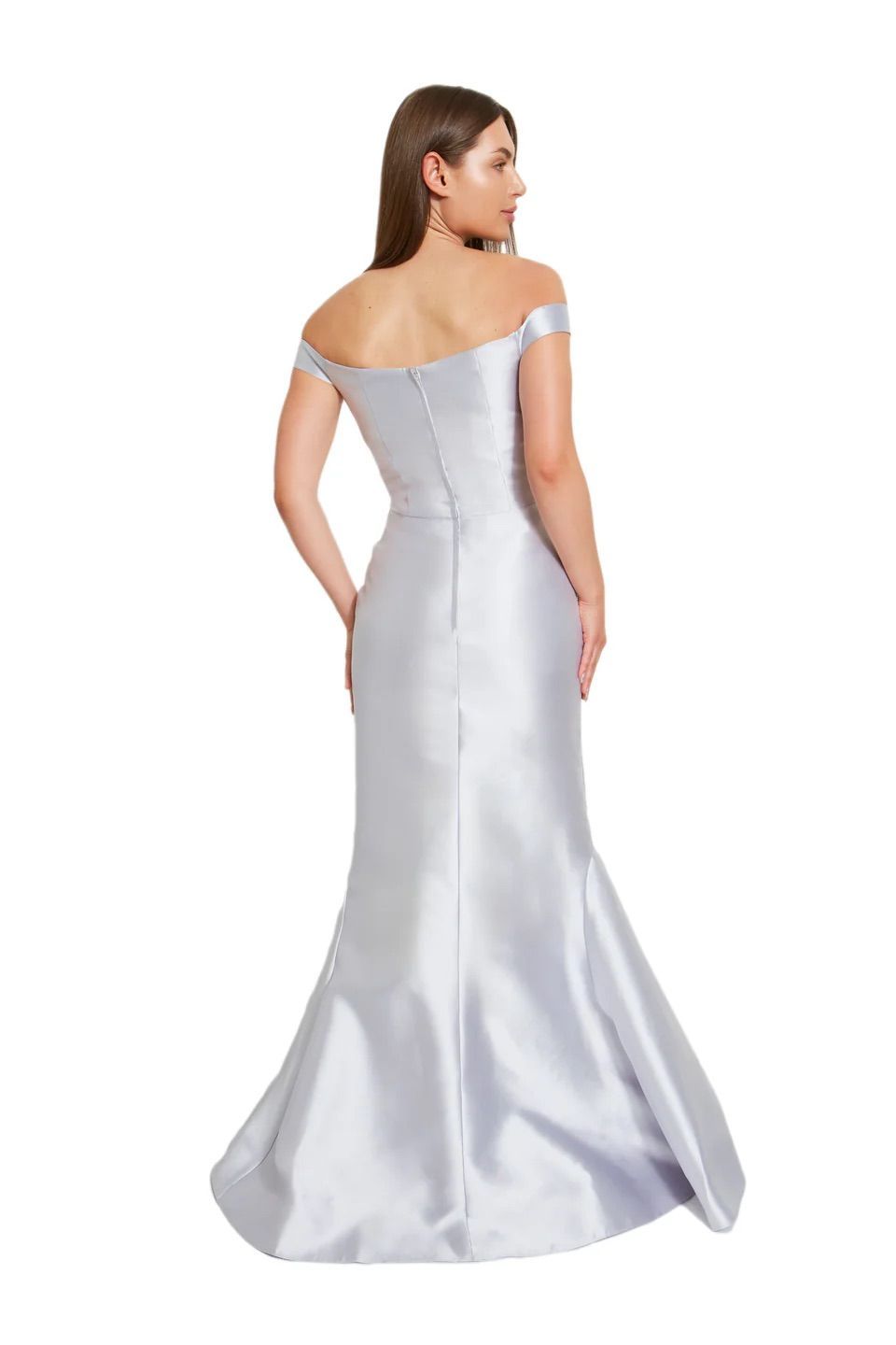 A woman is shown from the back, wearing a silver off the shoulder dress.