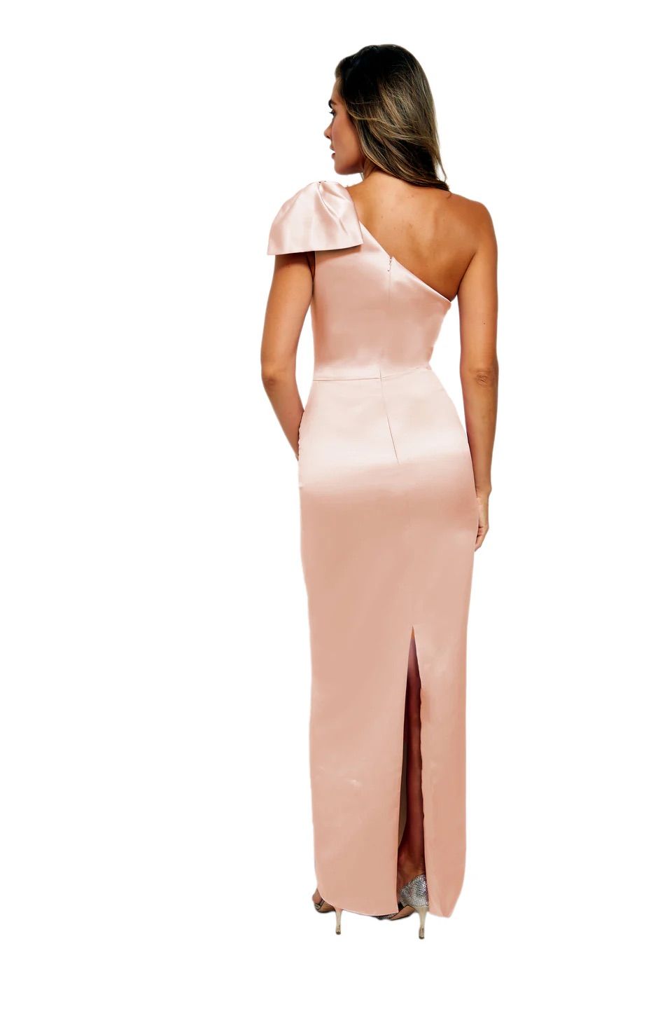A woman is shown from the back, wearing a pink one shoulder dress.