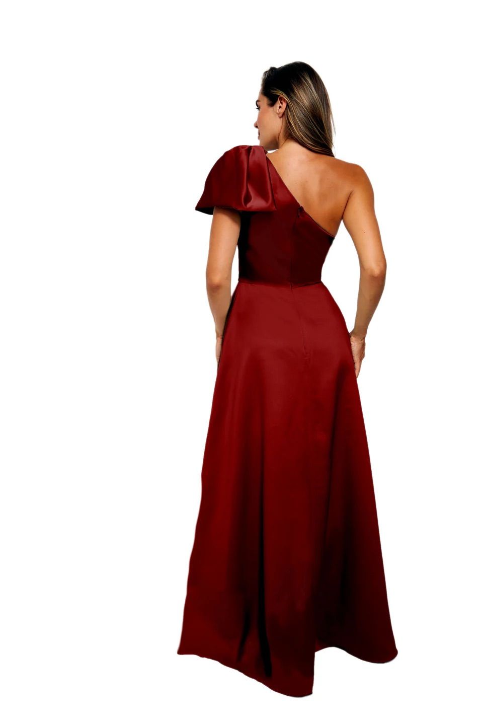 A woman is shown from the back, wearing a red one shoulder dress.