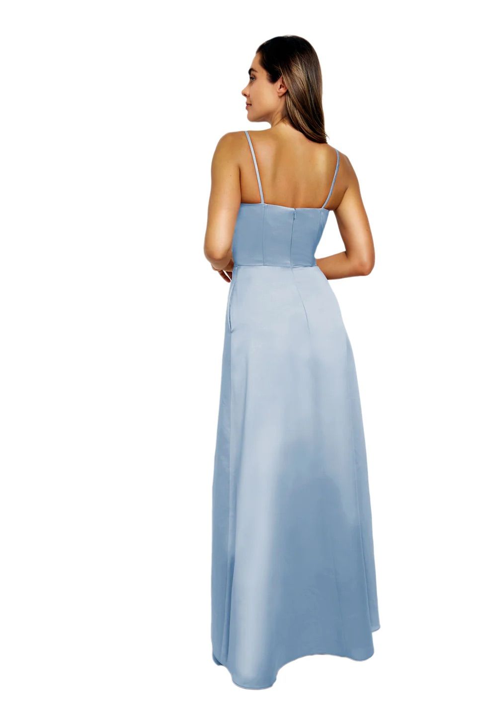 A woman is shown from the back, wearing a light blue dress.