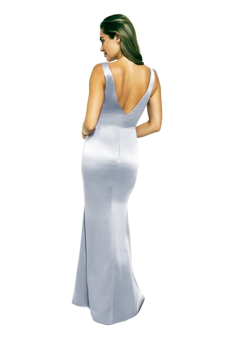A woman is shown from the back, wearing a white dress.