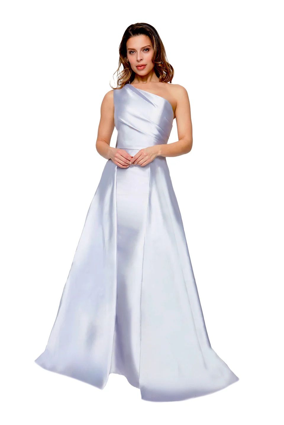 A woman is wearing a white satin one shoulder dress.
