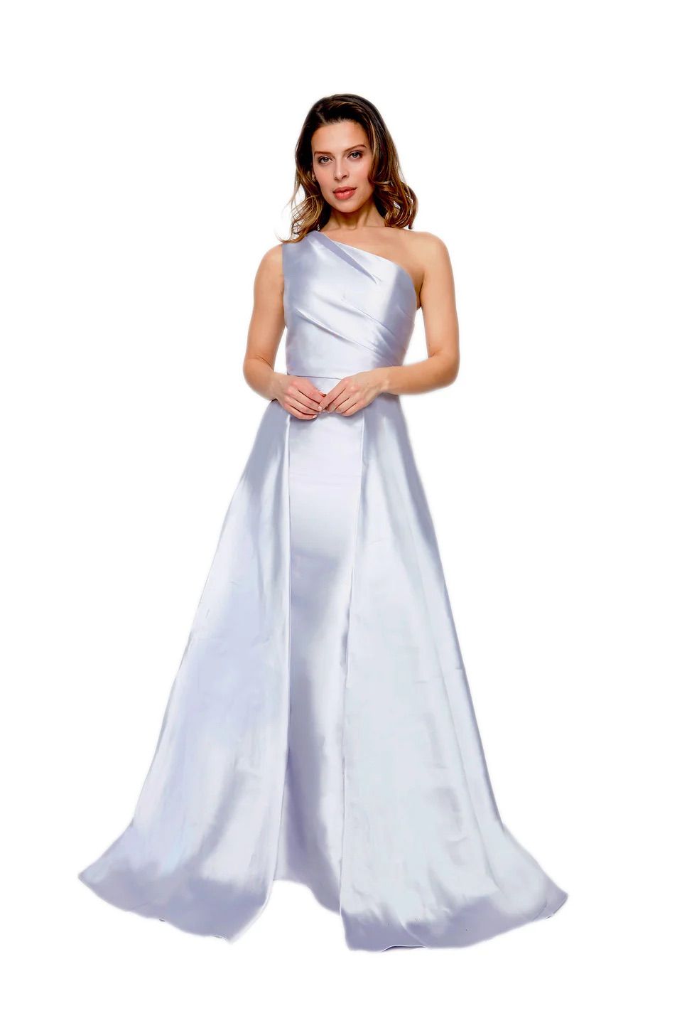 A woman is standing in a long white dress.