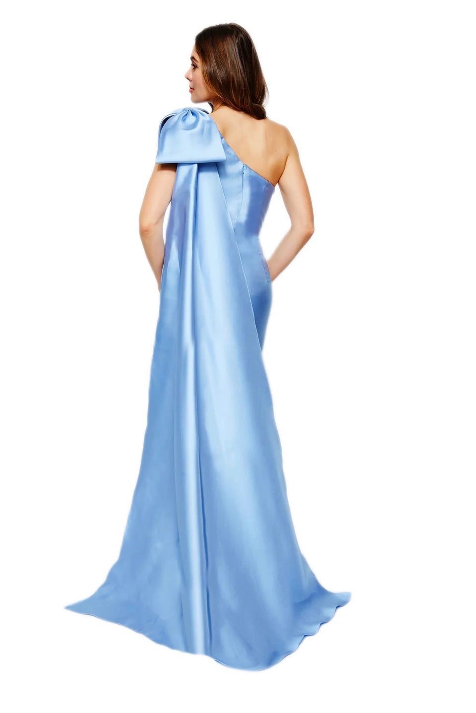 A woman is shown from the back, wearing a light blue one shoulder dress.