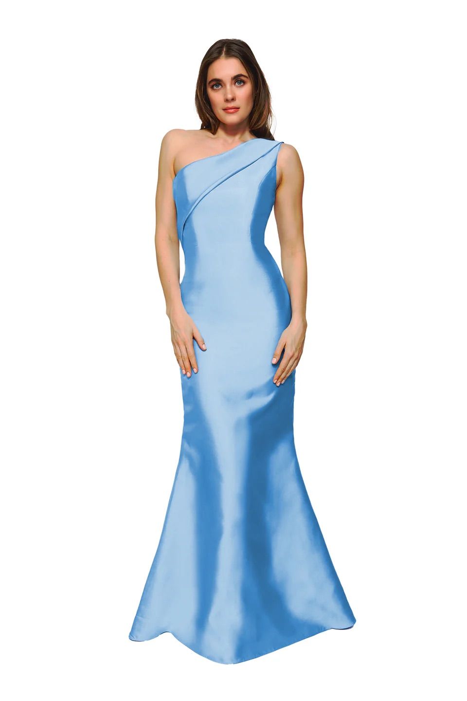 A woman is wearing a light blue one shoulder dress.