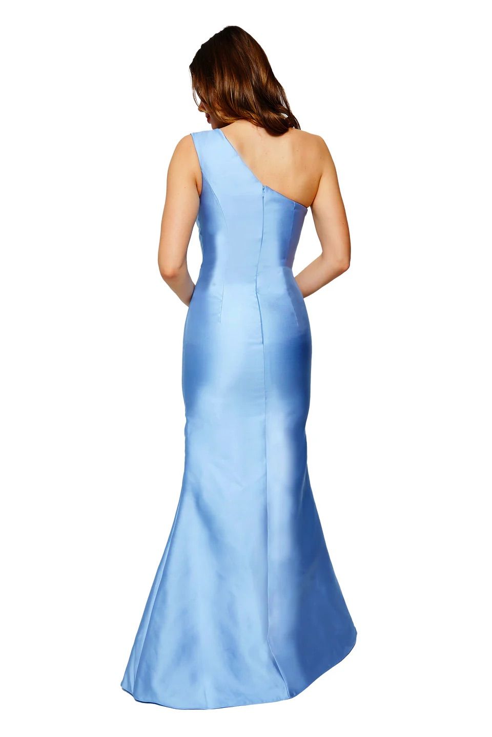 A woman is wearing a light blue one shoulder dress