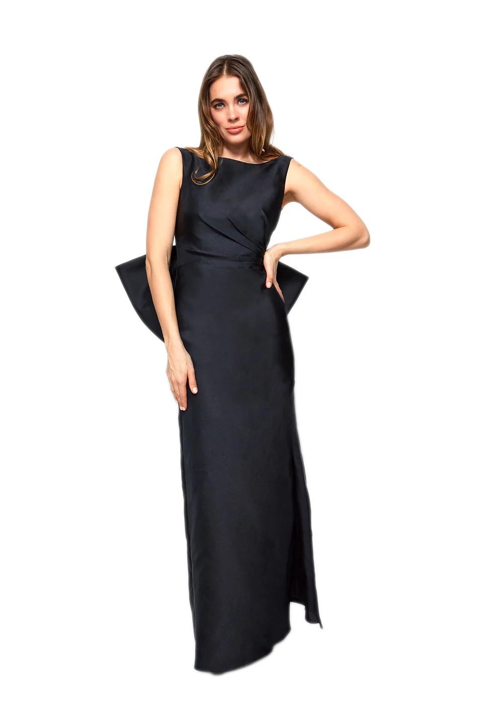 A woman in a long black dress with a large white bow on the back.