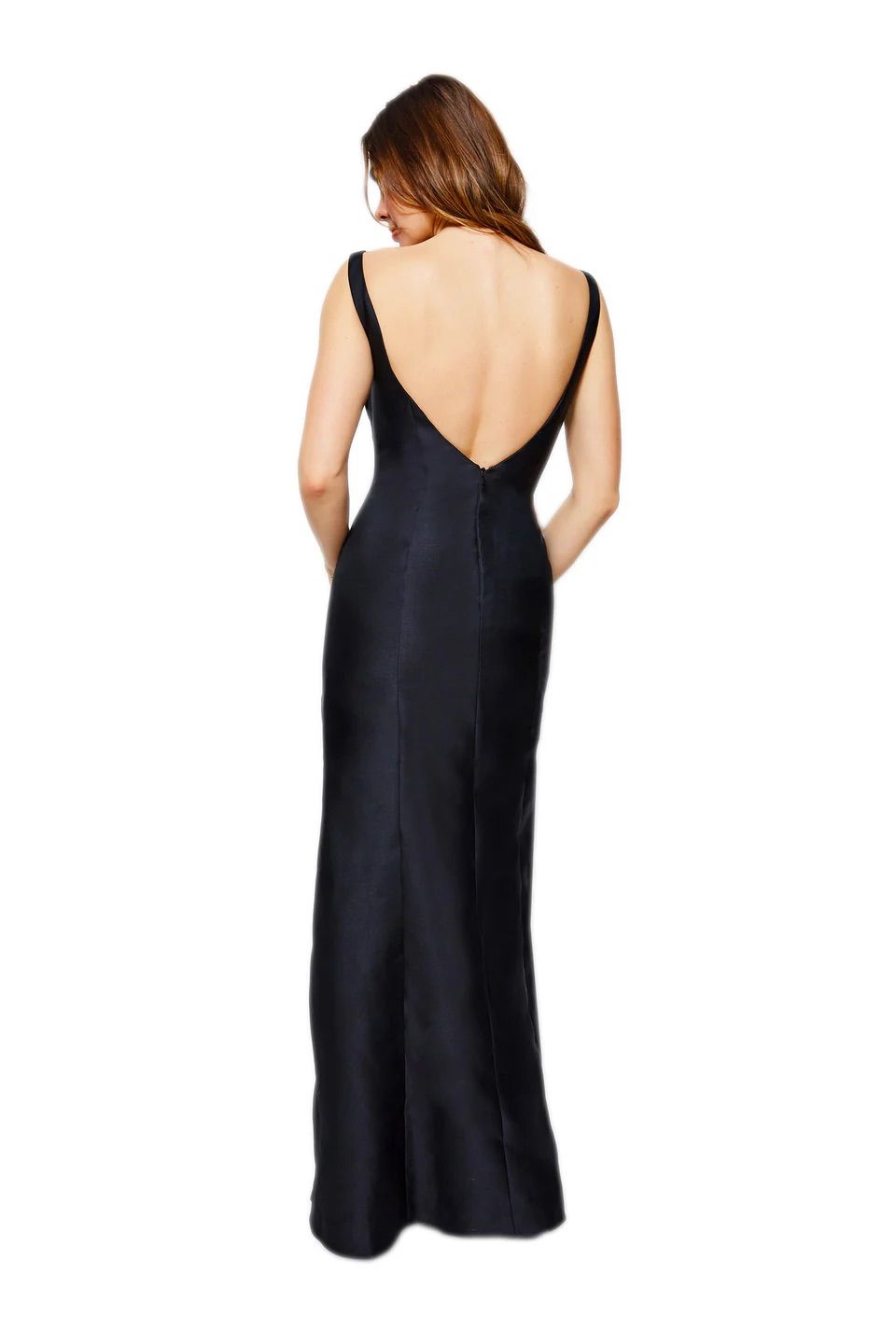 A woman is wearing a long black dress.