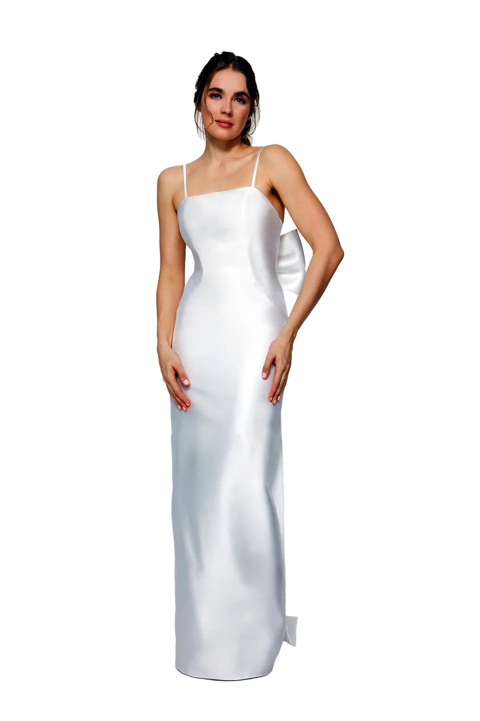 A woman in a long white dress.