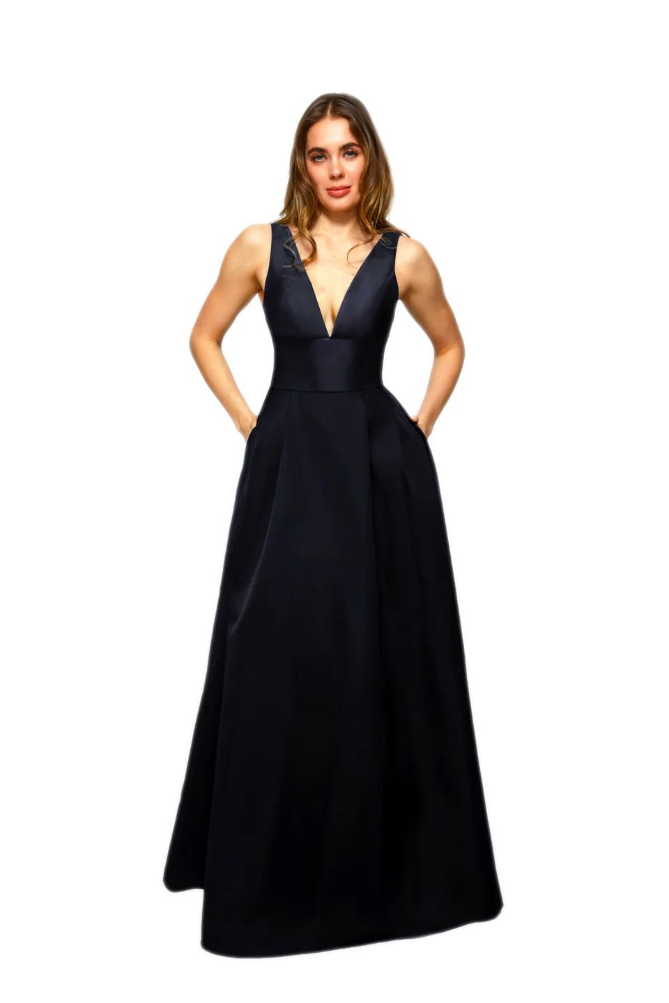 A woman is wearing a black dress with a plunging neckline.