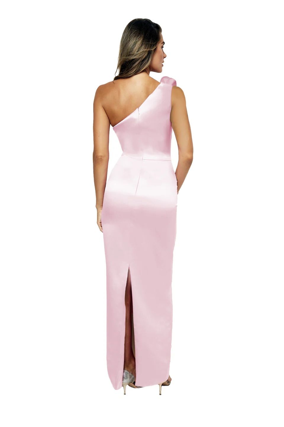 A woman is shown from the back, wearing a pink one shoulder dress.