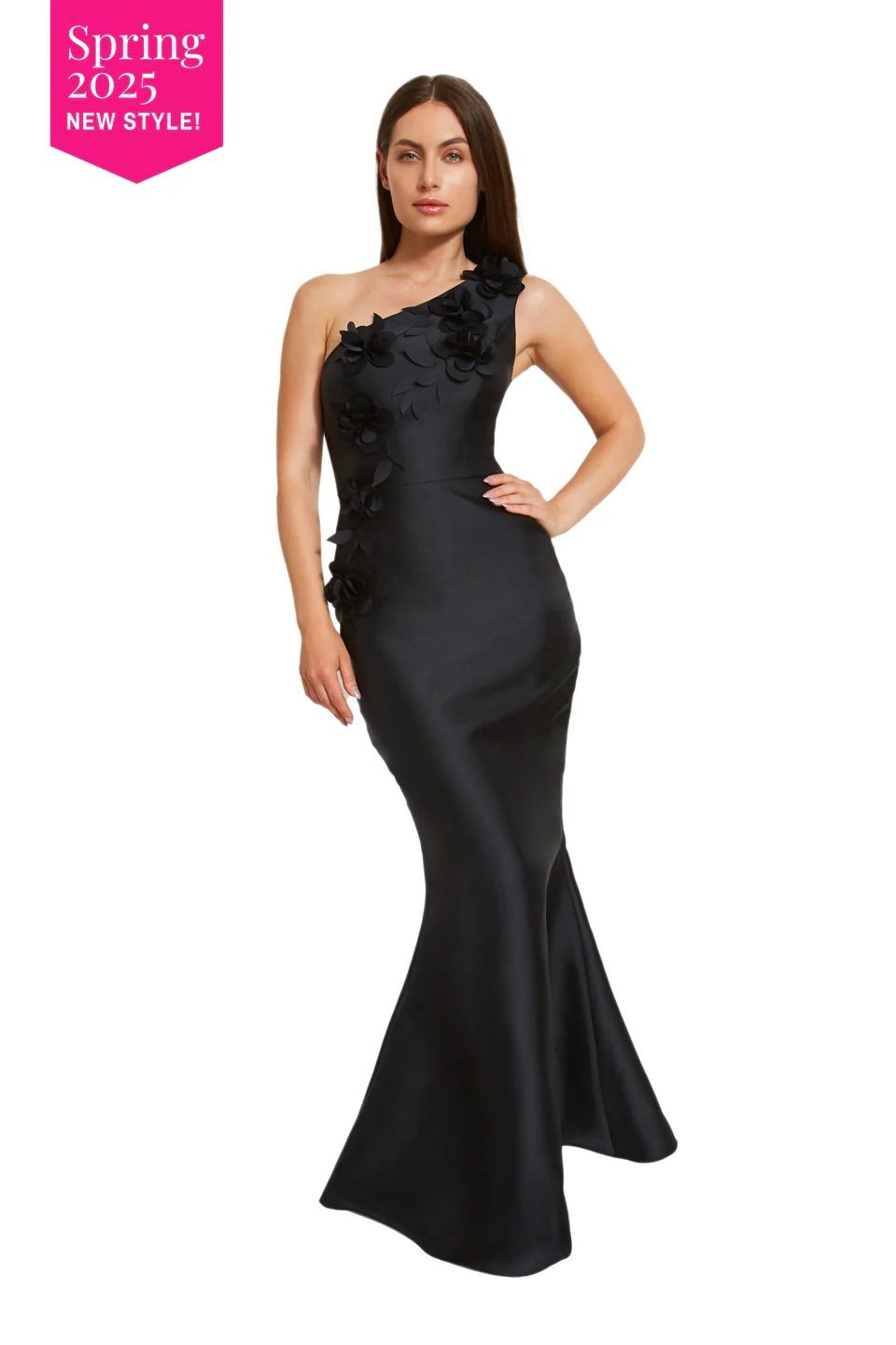 A woman is wearing a black one shoulder dress.