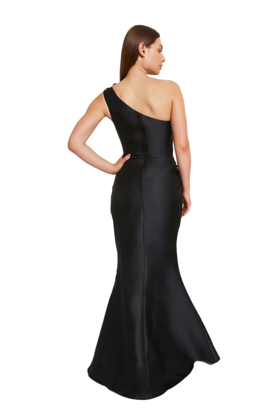 A woman is shown from the back, wearing a black one shoulder dress.