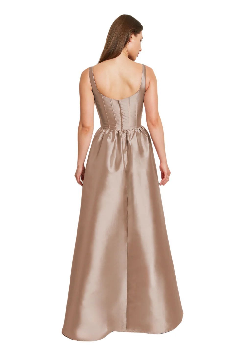 A woman is shown from the back, wearing a long satin dress.
