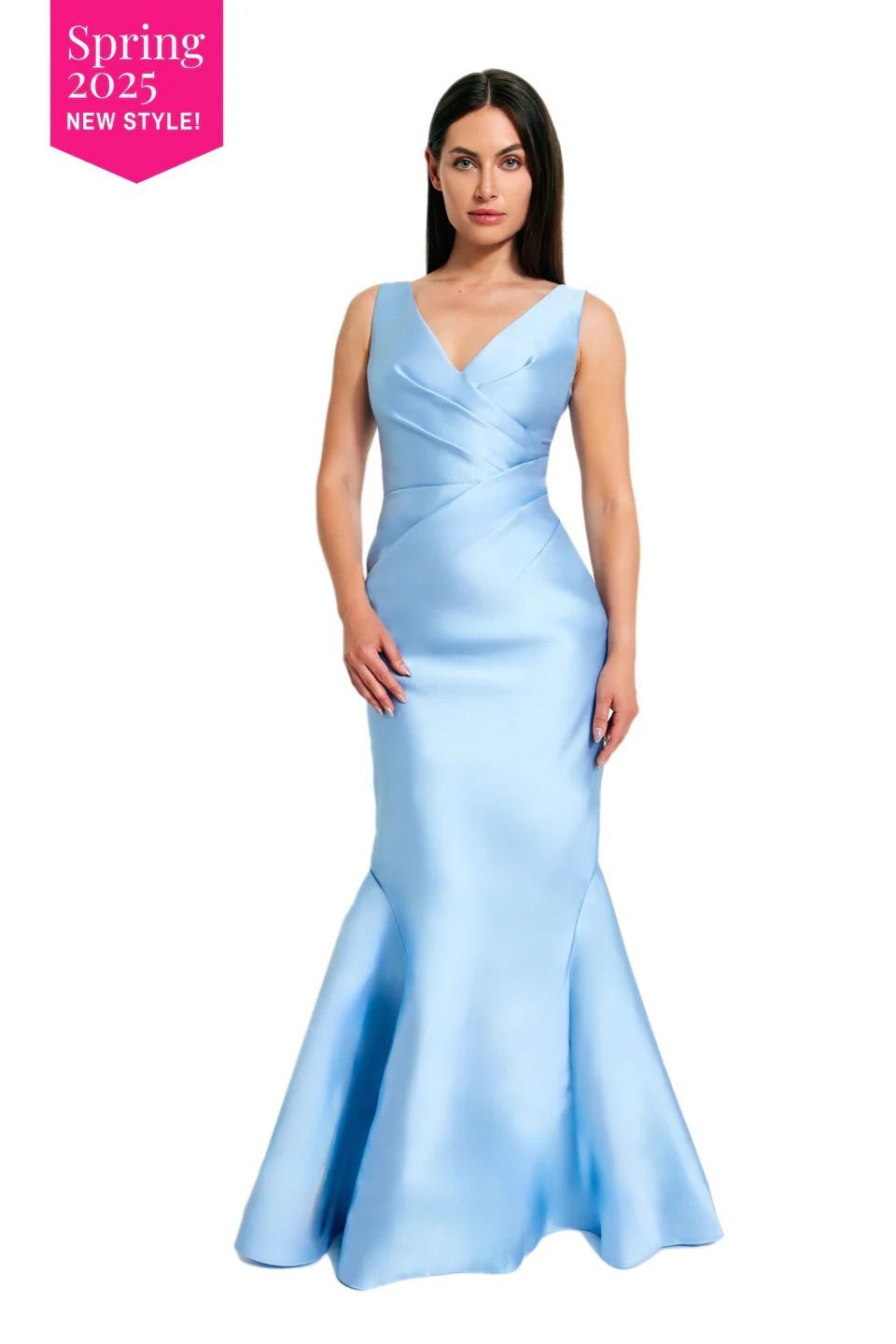 A woman is wearing a light blue dress.