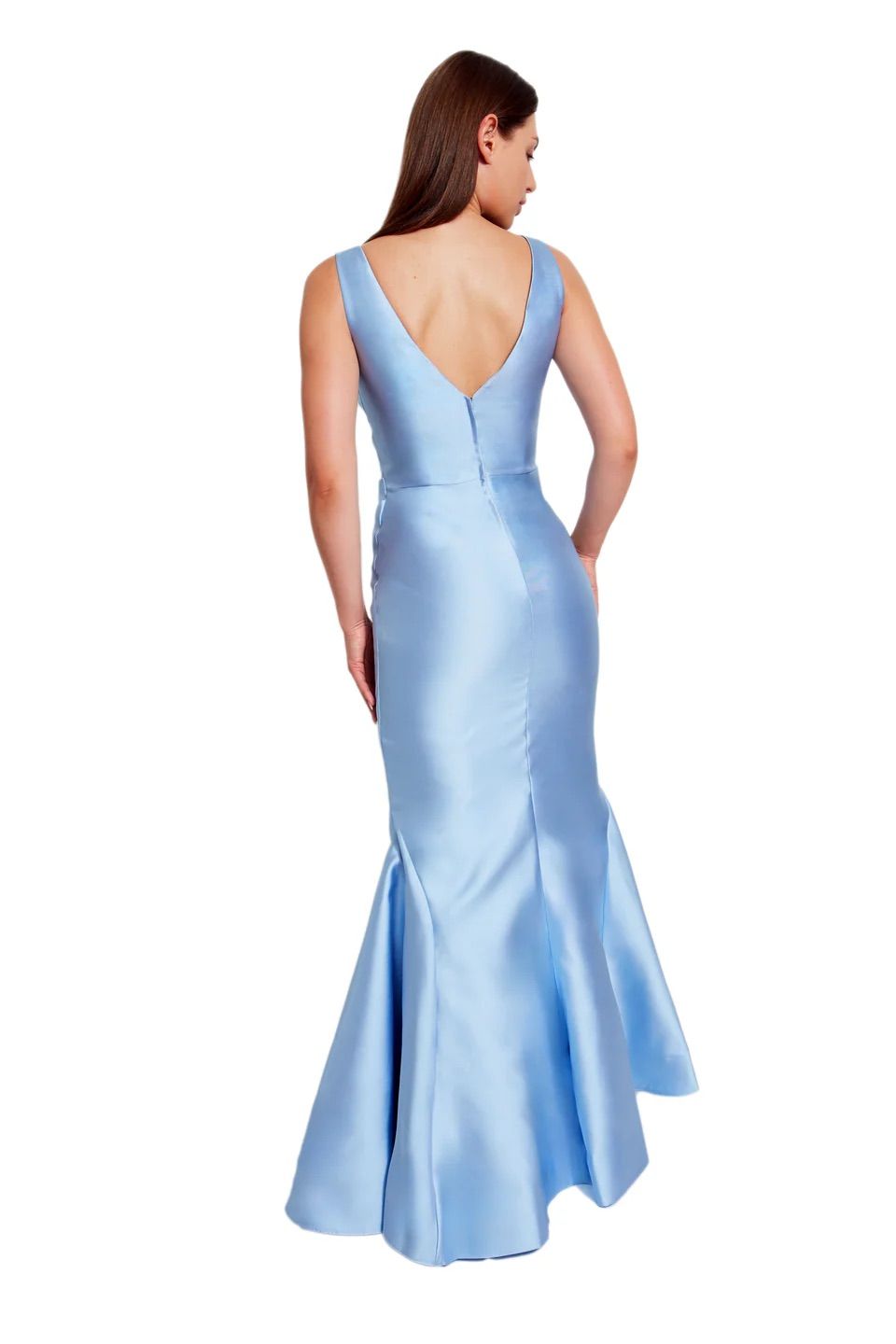 A woman is shown from the back, wearing a light blue satin dress.