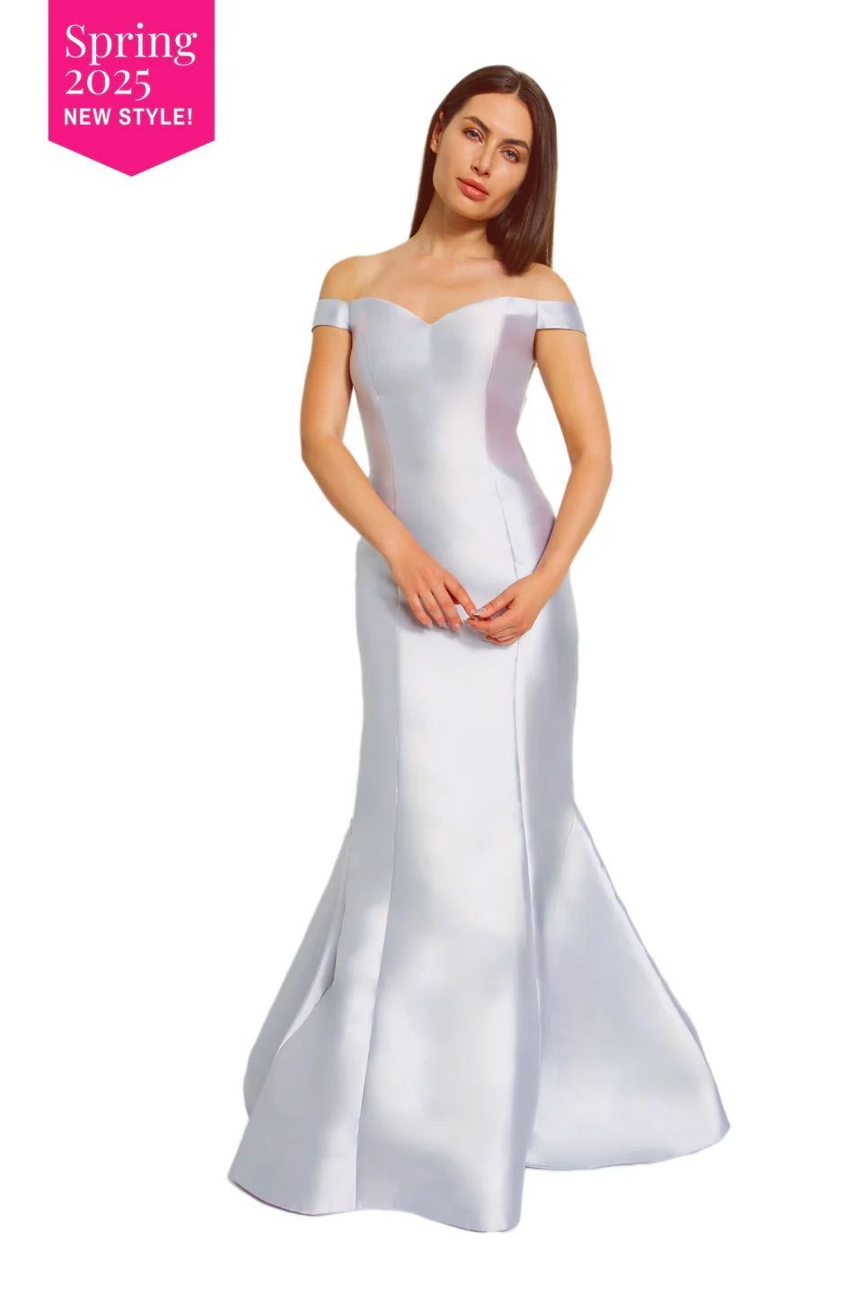 A woman is wearing a white off the shoulder dress.