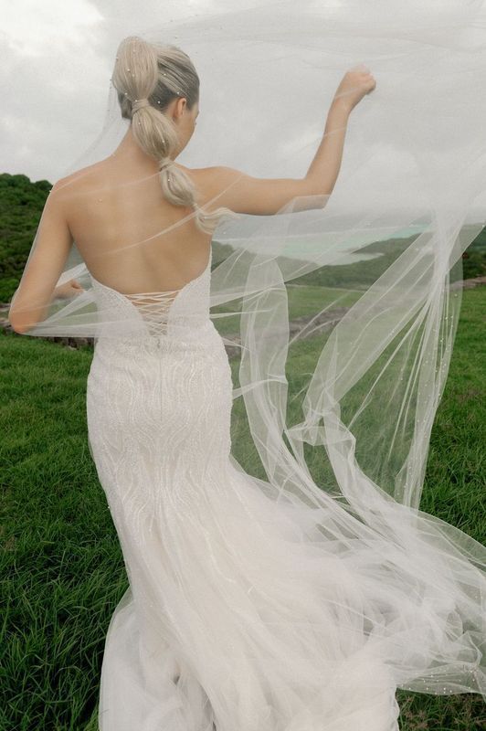 A woman in a wedding dress is standing in a field with her veil blowing in the wind.