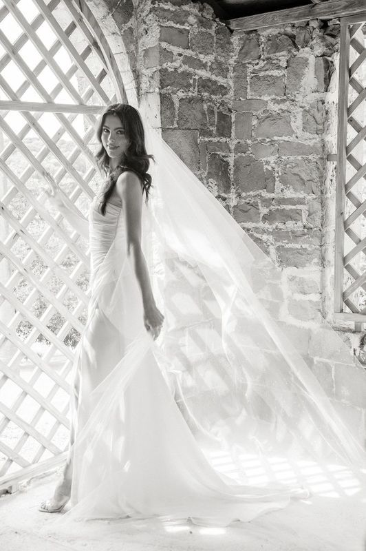 A black and white photo of a bride in a wedding dress and veil.