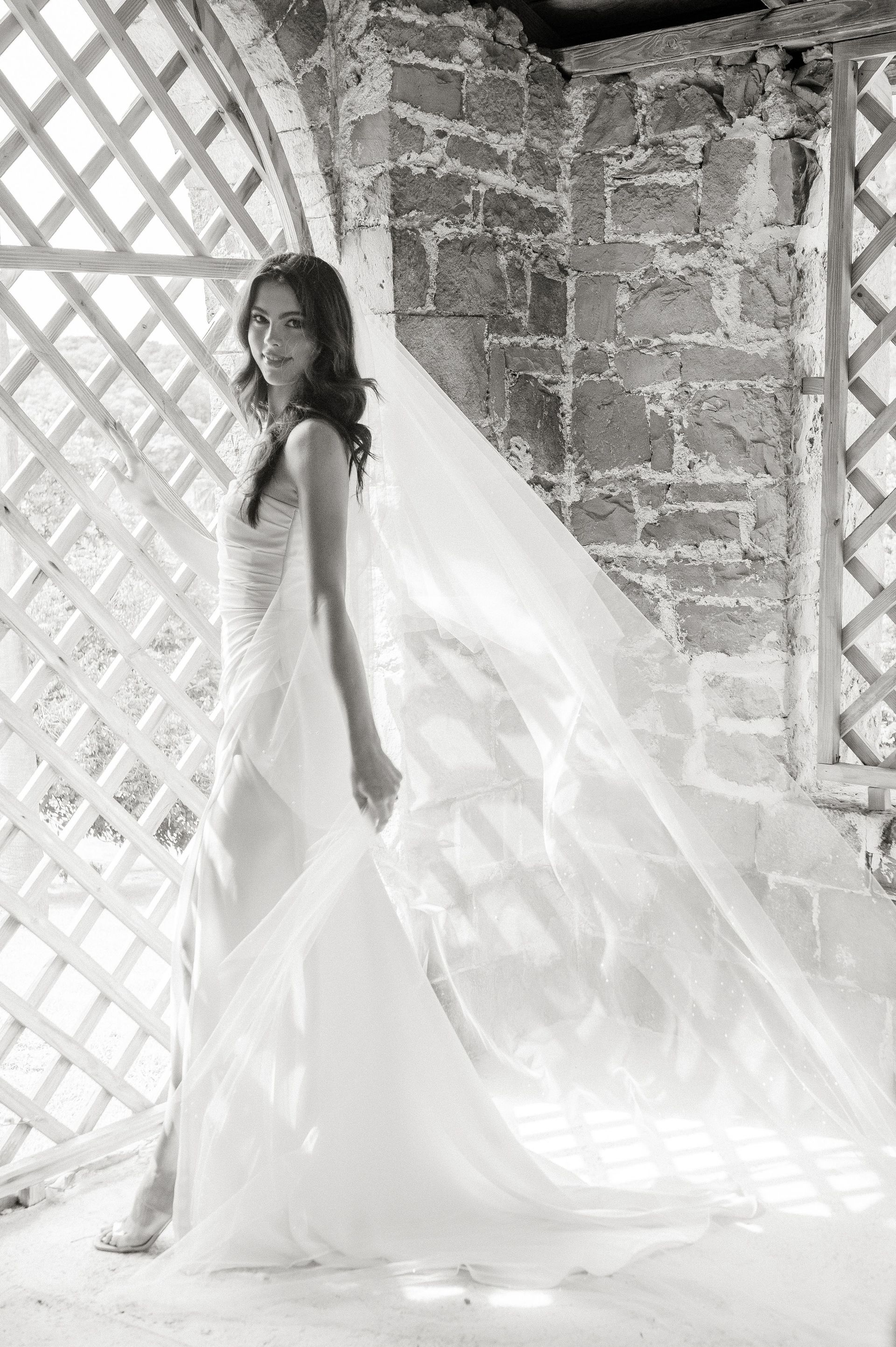 A black and white photo of a bride in a wedding dress and veil.
