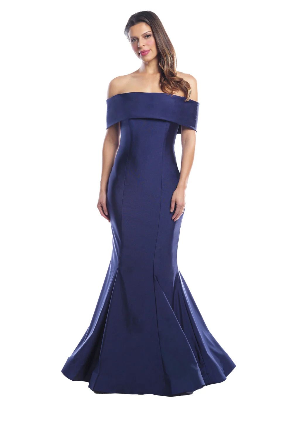 A woman is wearing a long blue off the shoulder dress.