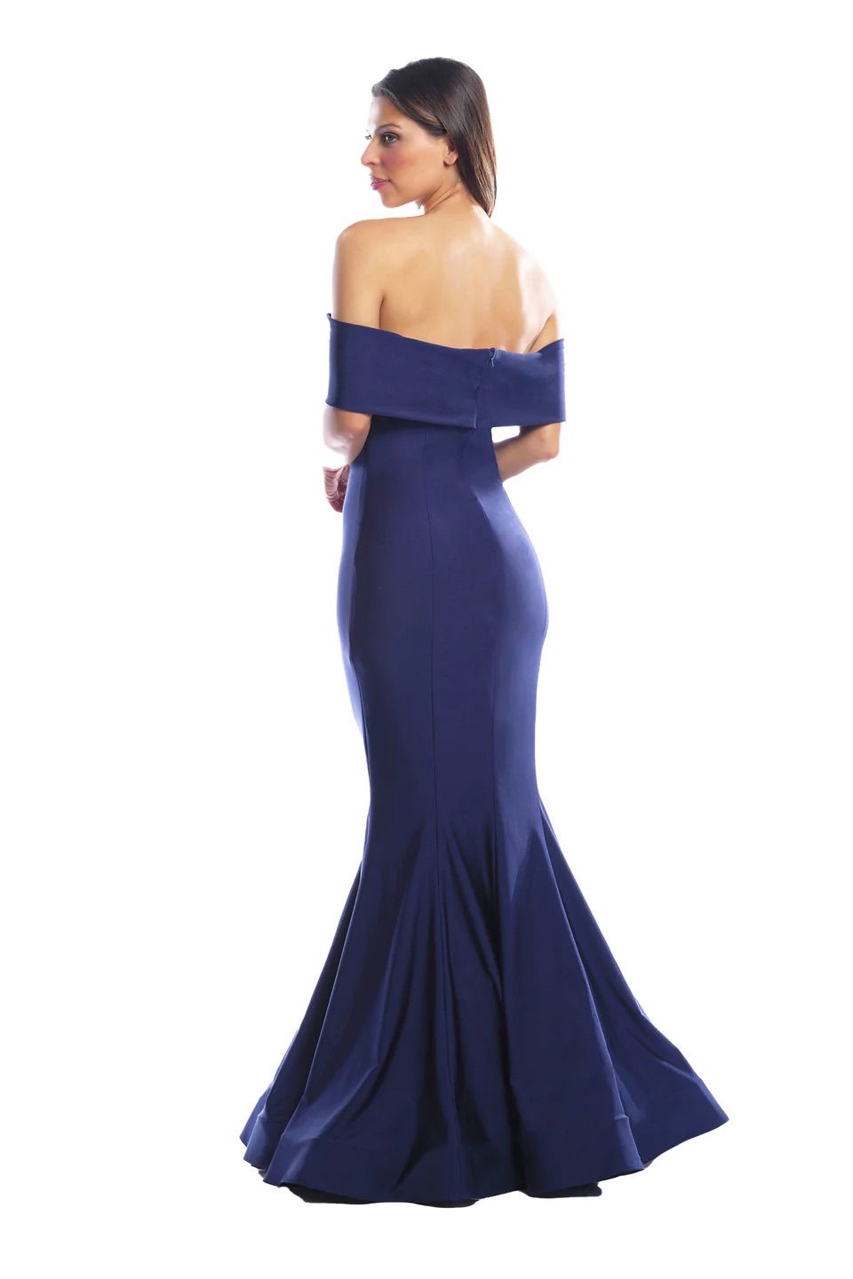 A woman is wearing a long blue off the shoulder dress.