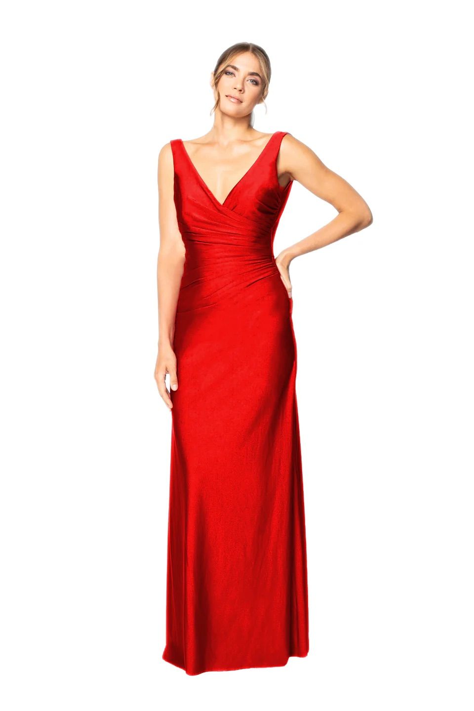 A woman is wearing a long red dress with a v-neck.