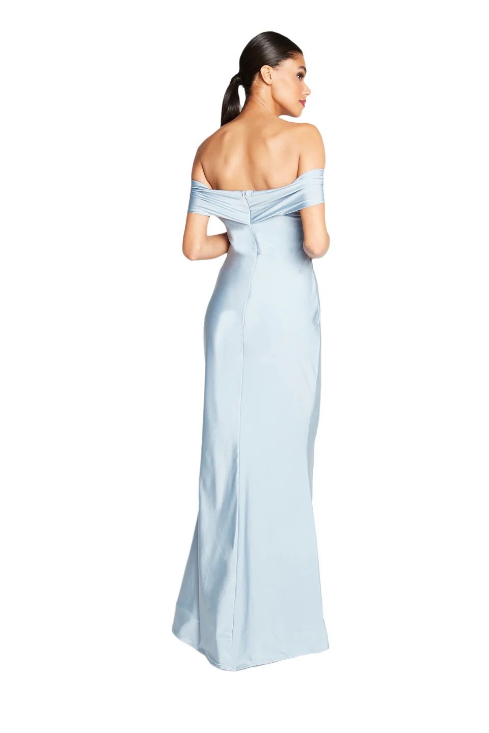 The back of a woman wearing a light blue off the shoulder dress.