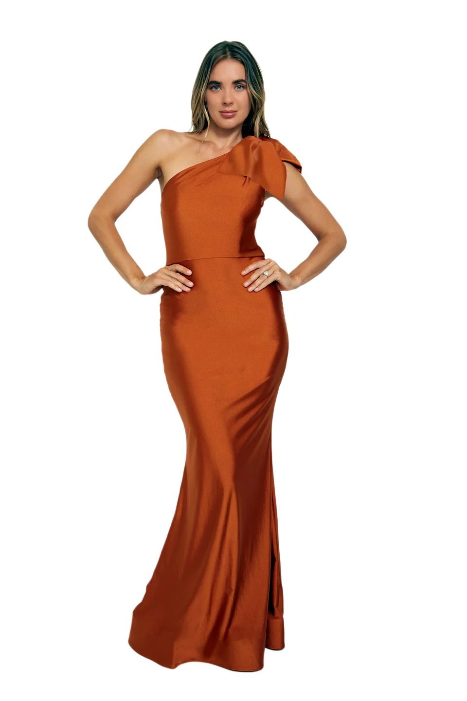A woman is wearing an orange one shoulder dress