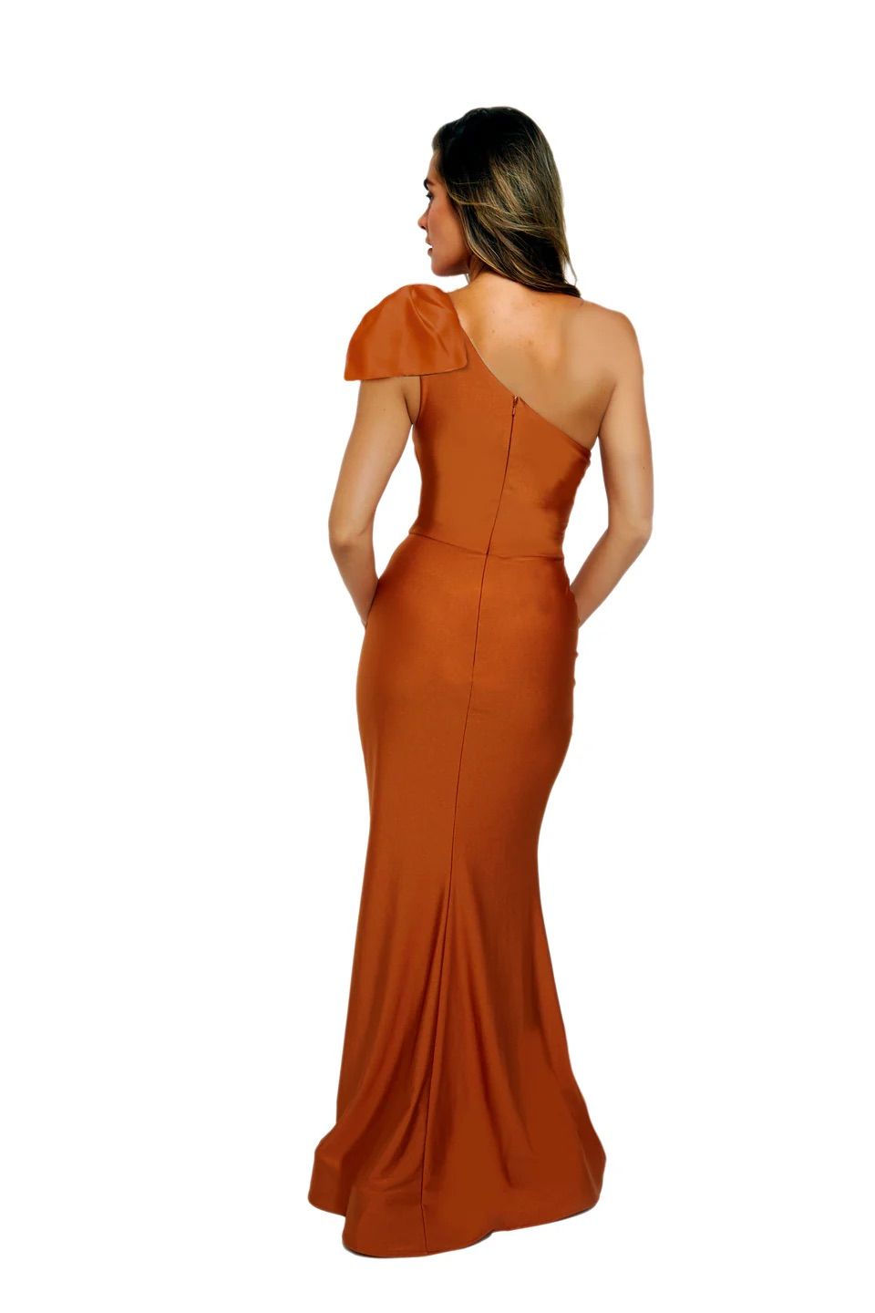 The back of a woman wearing an orange one shoulder dress.
