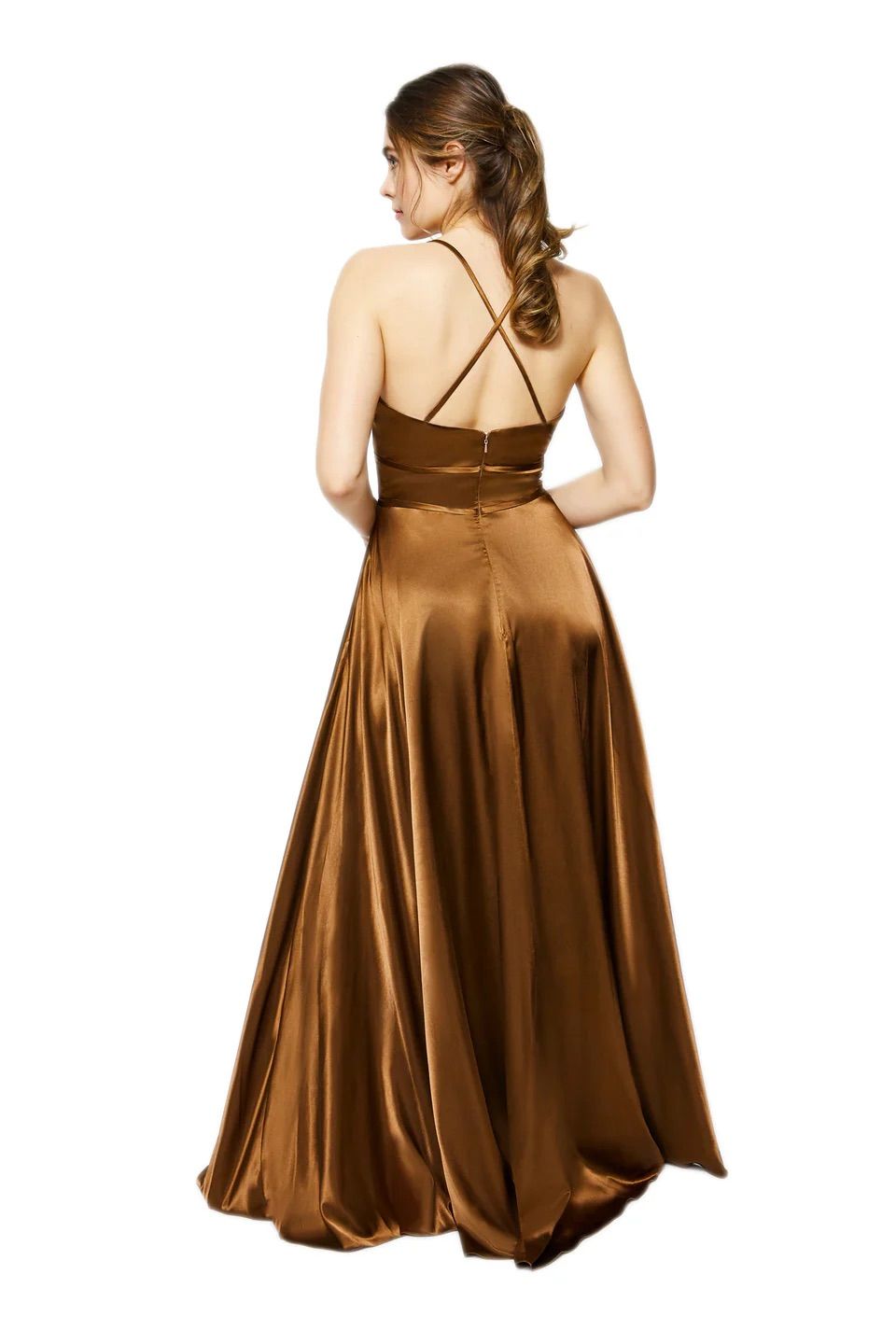 The back of a woman wearing a brown satin dress.