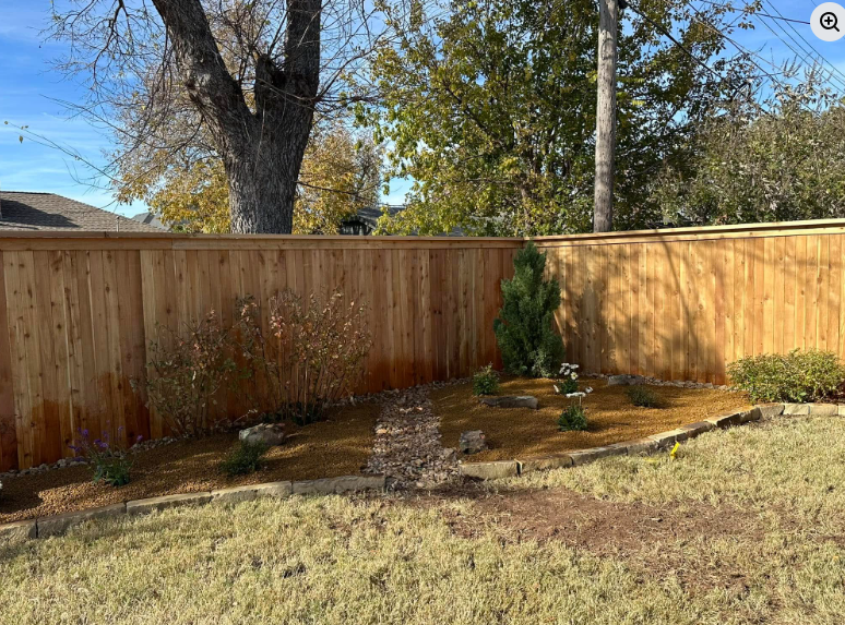 Backyard with wooden fence, dry grass, and a small shrub under trees in sunlight