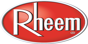 A red and white logo for a company called rheem.