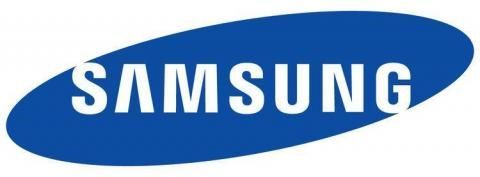 The samsung logo is blue and white on a white background.