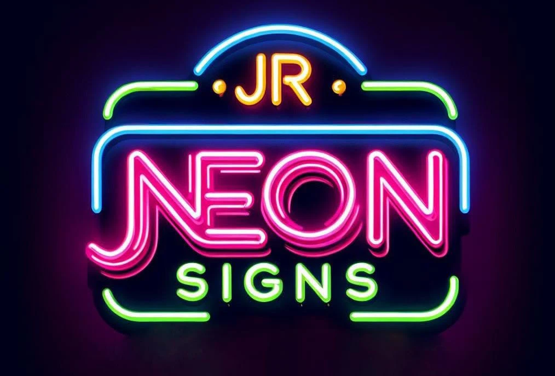 Neon sign reading &ldquo;JR NEON SIGNS&rdquo; in pink, blue, and green on a dark background