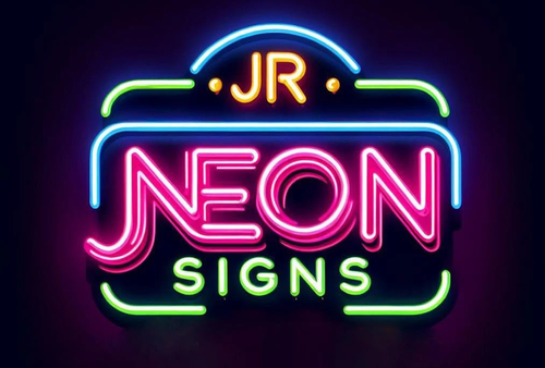 Neon sign reading “JR NEON SIGNS” in pink, blue, and green on a dark background