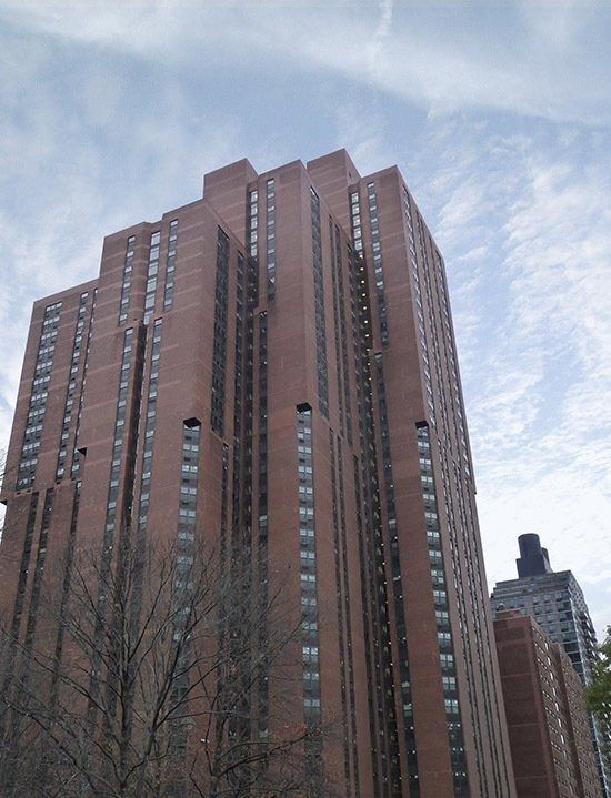 Tall red-brick high-rise apartment building against a cloudy sky, with leafless trees in front.