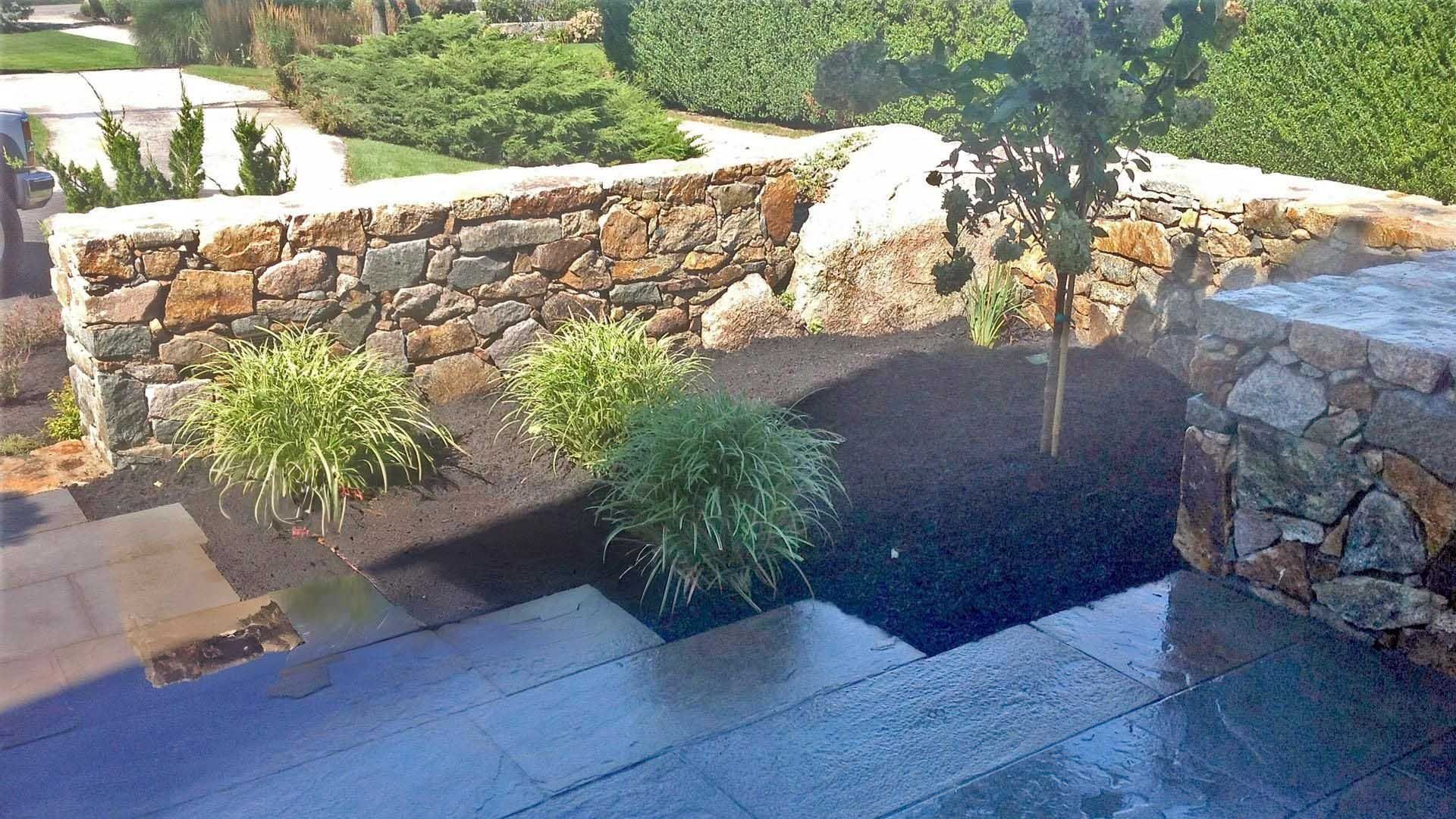 Stone retaining wall with steps and dark reflecting pool; green plants.