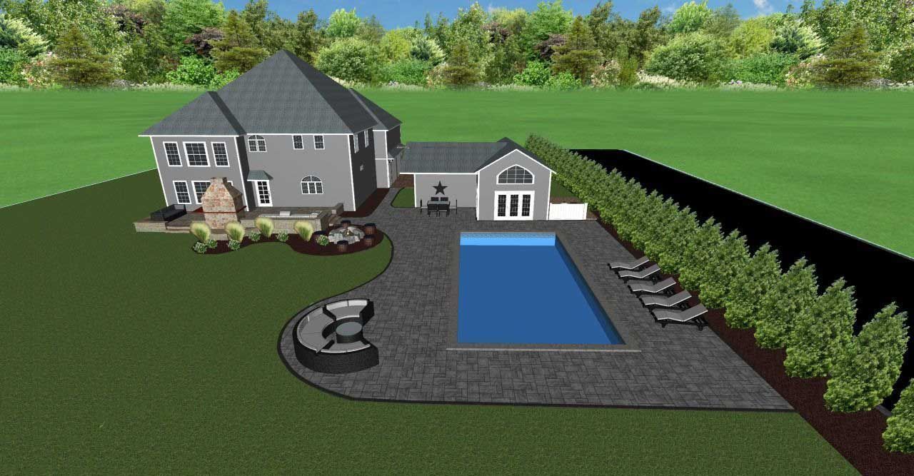 A gray two-story house with a pool and cabana in a yard with landscaping.